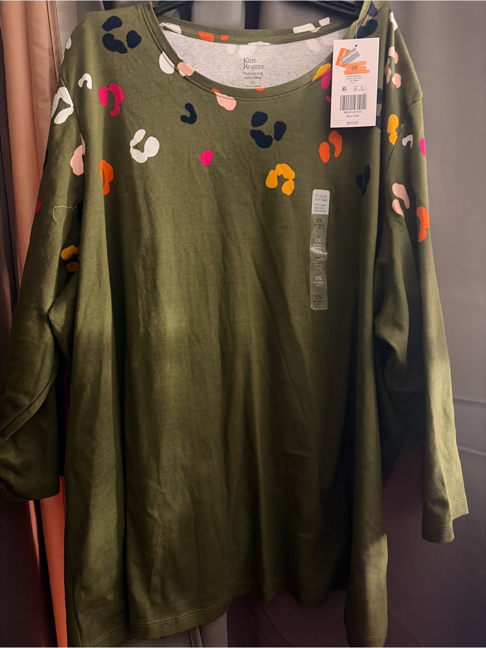 Kim Rogers Olive Green Leopard Print Top with Multi-Color Spots